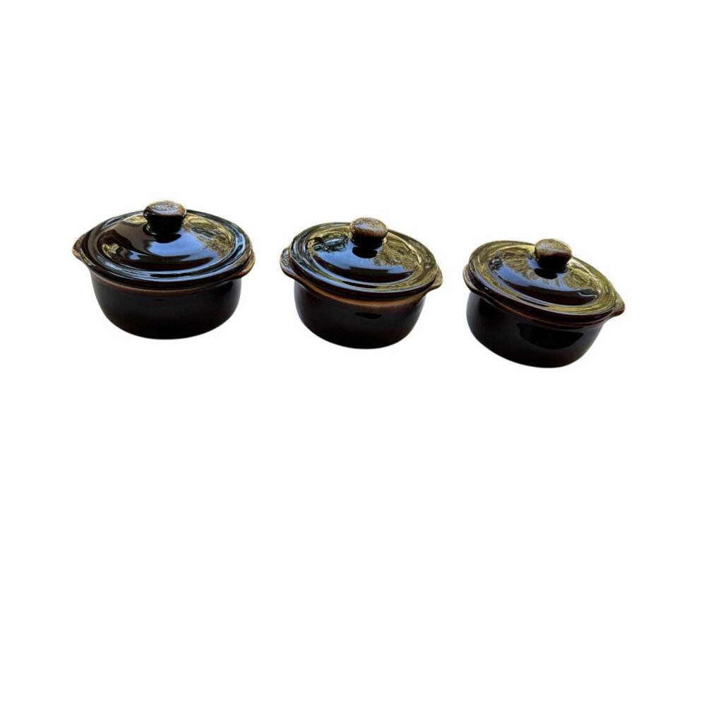 Vintage Brown Glazed Stoneware Mini Casserole‎ Dishes With Lids – Set of 3